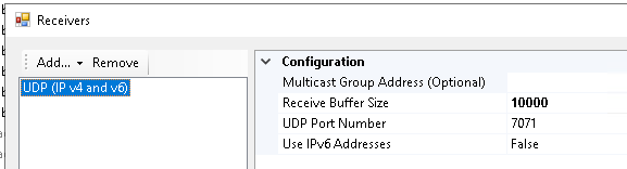 Receivers Add... • Remove UDP (IP and •..,6) Configuration Multicast Group Address (Optional) Receive Buffer Size UDP Port Number use IPv6 Addresses 10000 